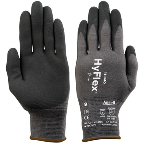 (10 Pair) Ansell HyFlex 11-840 Abrasion-Resistant Nitrile-Coated Multi Gloves