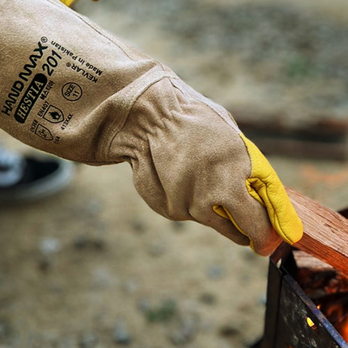 Hestia Hand-Max Gloves Leather Made with Kevlar Heat Resistant Grain Camping